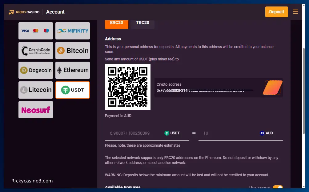 USDT Deposit Screen